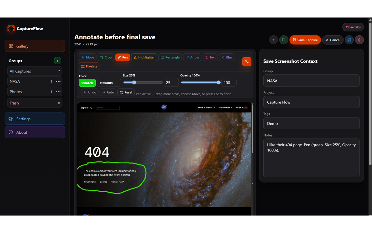 CaptureFlow editor with local annotation tools