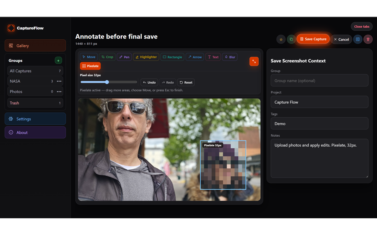 Pixelation applied to an imported local image