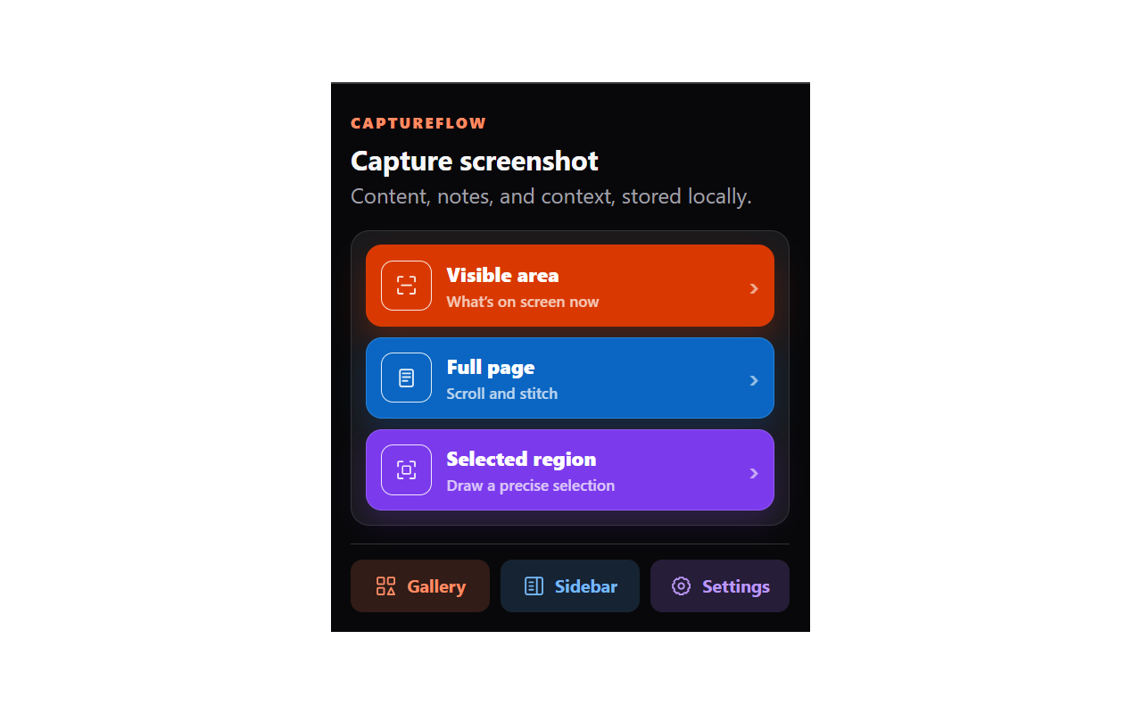 CaptureFlow popup with visible-area, full-page, and selected-region capture modes