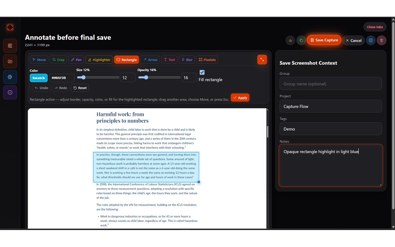 CaptureFlow rectangle placement workflow