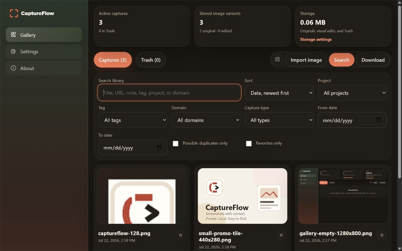 CaptureFlow searchable screenshot gallery