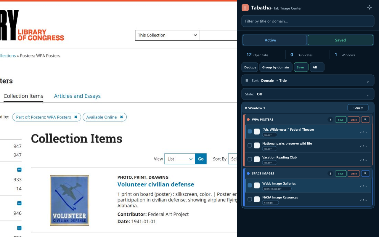Tabs grouped by domain in Tabatha